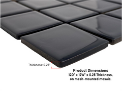 Tenedos Premium Quality 2" (Exact Size 1-15/16 in.) Black Porcelain Square Mosaic Tile Shiny Look Designed in Italy (12x12) for Kitchen Backsplash, Pool Tile, Bathroom Wall, Accent Wall