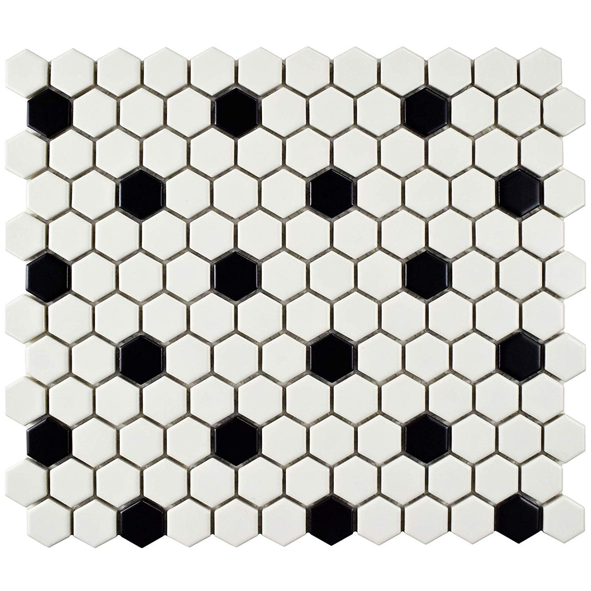 Retro Hex Porcelain Floor and Wall Tile, 10.25" x 11.75", Matte White with Black Dot