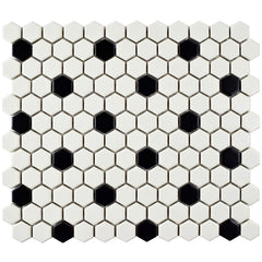 Retro Hex Porcelain Floor and Wall Tile, 10.25" x 11.75", Matte White with Black Dot