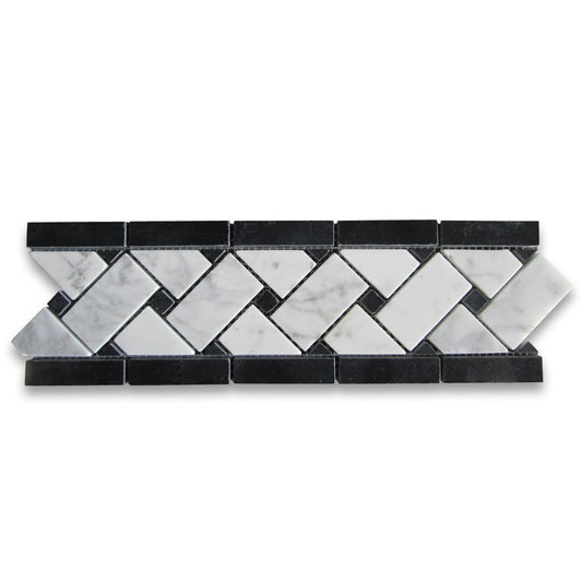 Carrara White Marble 4x12 Basketweave Mosaic Border w/Black Dots Polished for Kitchen Backsplash Bathroom Shower Wall Border Decor Tile