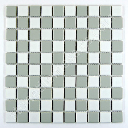 Square Checkered Tile Grey and White Porcelain Mosaic Wall Floor Tile Shiny Look 1-1/8" X 1-1/8"