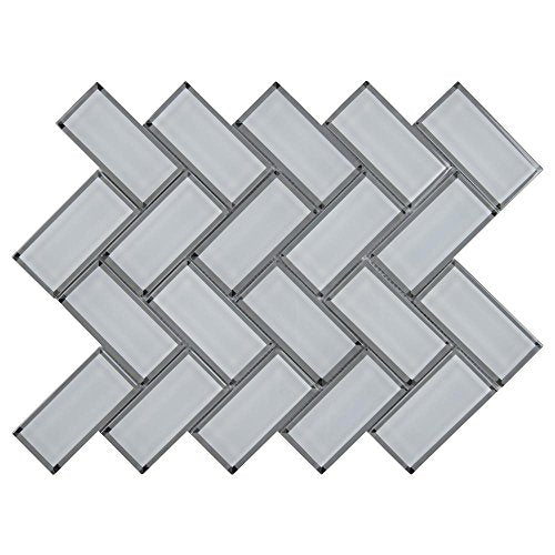 White Glass Mirror Beveled Herringbone 2'' x 4'' Tile Kitchen Backsplash Idea Bath Shower Wall Mosaics