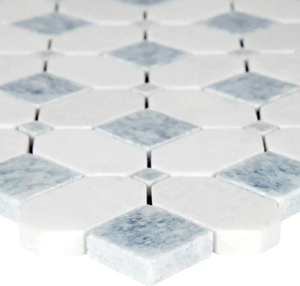 Florence White Elongated Hexagon with Bluish Square Geometric Marble Mosaic Floor and Wall Tile for Bathroom Walls, Kitchen Backsplashes, Accent Wall, Fireplace Surround