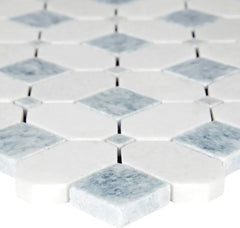 Florence White Elongated Hexagon with Bluish Square Geometric Marble Mosaic Floor and Wall Tile for Bathroom Walls, Kitchen Backsplashes, Accent Wall, Fireplace Surround