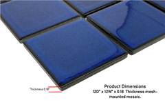 Tenedos 3x3 Cobalt Blue Square Pattern Porcelain Mosaic Floor Wall Pool Tile On Mesh Mounted For Kitchen Backsplash, Bathroom Shower, Accent Decor