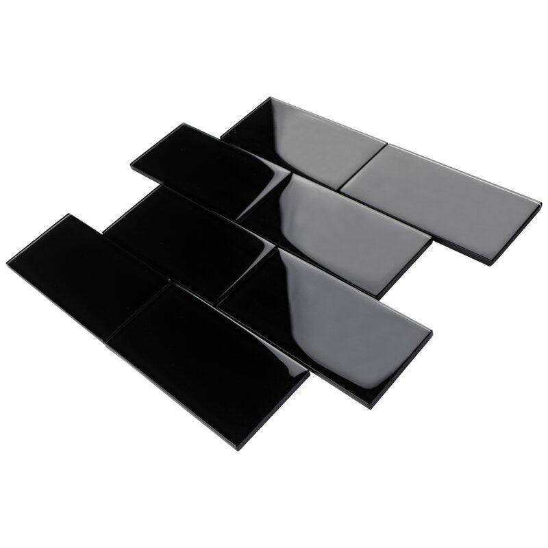 3x6 Black Glass Subway Wall Tile - Bathroom Tile & Kitchen Backsplash Tile (price per square feet, 8 pieces)