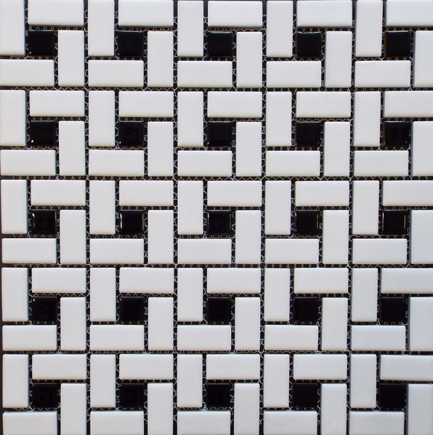 Spiral Pattern Porcelain Pinwheel Mosaic Floor Wall Tile Matte White w/Shiny Black Dots for Kitchen Backsplash, Bathroom Shower, Accent Wall