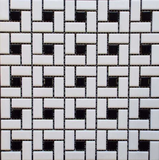 Spiral Pattern Porcelain Pinwheel Mosaic Floor Wall Tile Matte White w/Shiny Black Dots for Kitchen Backsplash, Bathroom Shower, Accent Wall