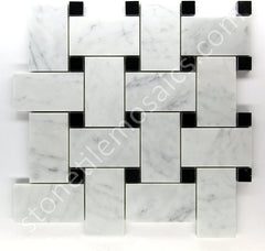 Carrara Marble Italian White Bianco Large Size Big Basketweave Mosaic Floor Wall Tile w/Nero Black Dots Honed for Kitchen Backsplash Bathroom Flooring Shower Fireplace