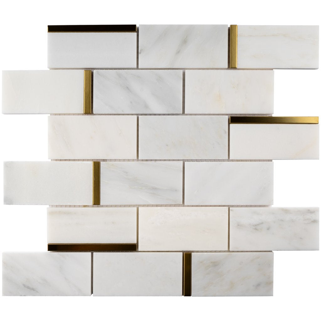 Tenedos Carrara White Marble 2x4 Grand Brick Subway Mosaic Tile with Gold Metal Stainless Steel Polished for Kitchen Backsplash Bathroom Flooring Shower Entryway Corrido Spa (Box of 10 Sheets)