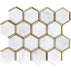 Tenedos Carrara White Marble 3 inch Hexagon Mosaic Tile with Gold Metal Stainless Steel Polished for Kitchen Backsplash Bathroom Flooring Shower Entryway Corrido Spa (10 Sheets)