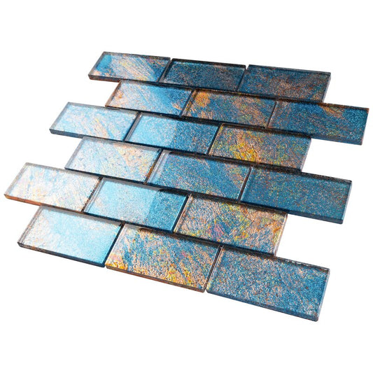 2x4 Glossy Glitter Blue Sky with Redish and Orange Brick Glass Wall Tiles for Bathroom and Kitchen Walls Kitchen Backsplashes