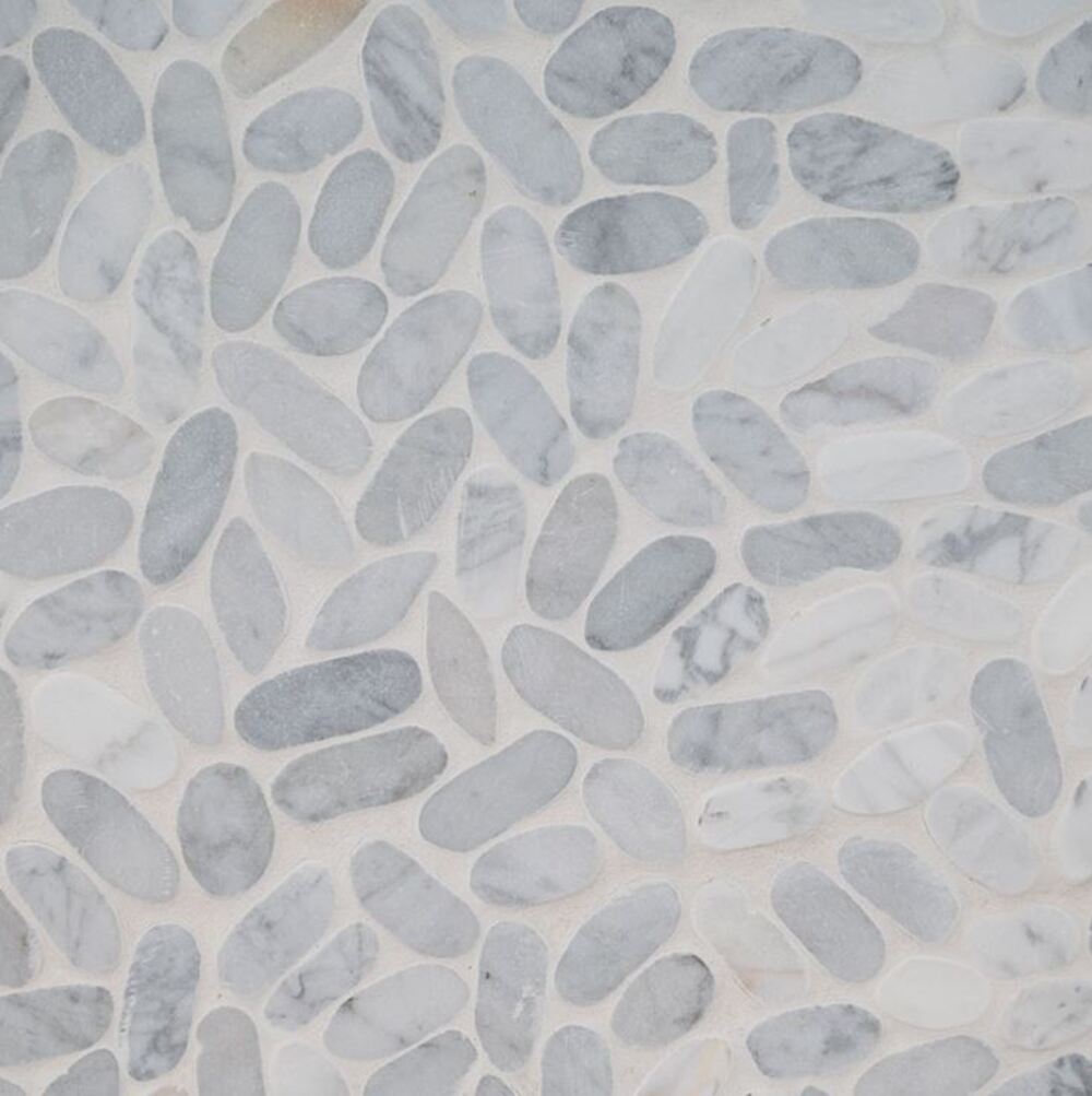 Carrara White, Greyish and Dark Grey Tumbled Sliced Pebble Floor and Wall Tile, Kitchen Backsplash , Accent Wall, Pool Tile, Fireplace