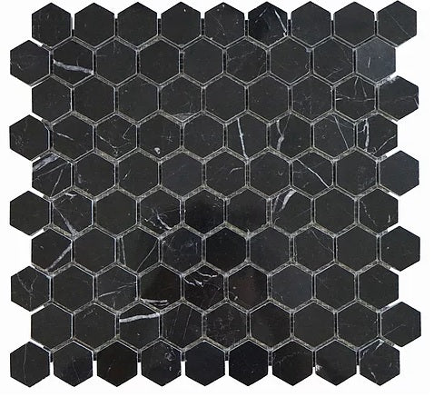 Nero Marquina Black Marble Hexagon Mosaic Floor Wall Tile 1 inch Polished