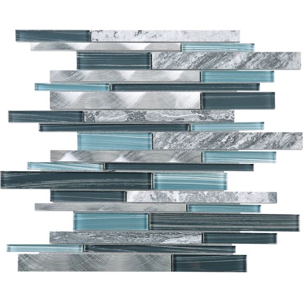 Glossy Blue Glass and Blue Stone Random Brick Straight Pattern Mosaic Tiles