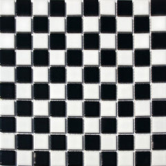 Square Checkered Tile Black & White Porcelain Mosaic Shiny Look 1-1/8" X 1-1/8"