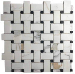 Calacatta Gold Italian Marble Basketweave Mosaic Floor Wall Tile with Black Dots for Bathroom Shower, Kitchen Backsplashes, Fireplace