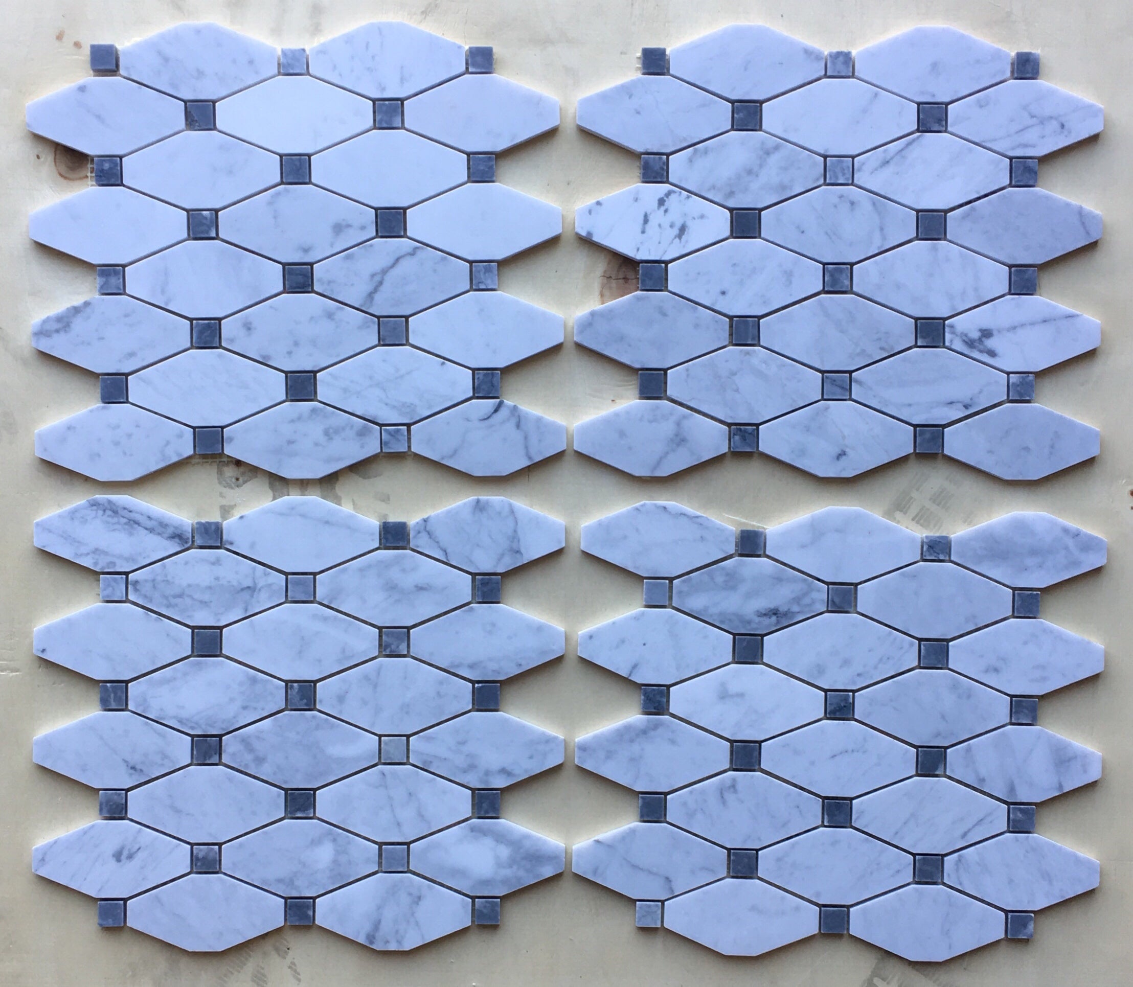 Carrara White Italian (Bianco Carrara) Marble Octave Pattern Mosaic Floor Wall Tile (Blue & Gray Marble Dots)