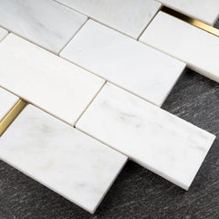 Tenedos Carrara White Marble 2x4 Grand Brick Subway Mosaic Tile with Gold Metal Stainless Steel Polished for Kitchen Backsplash Bathroom Flooring Shower Entryway Corrido Spa (Box of 10 Sheets)