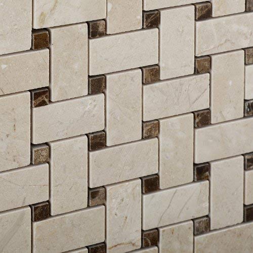 Crema Marfil Polished Marble Basketweave with Dark Emperador Dots