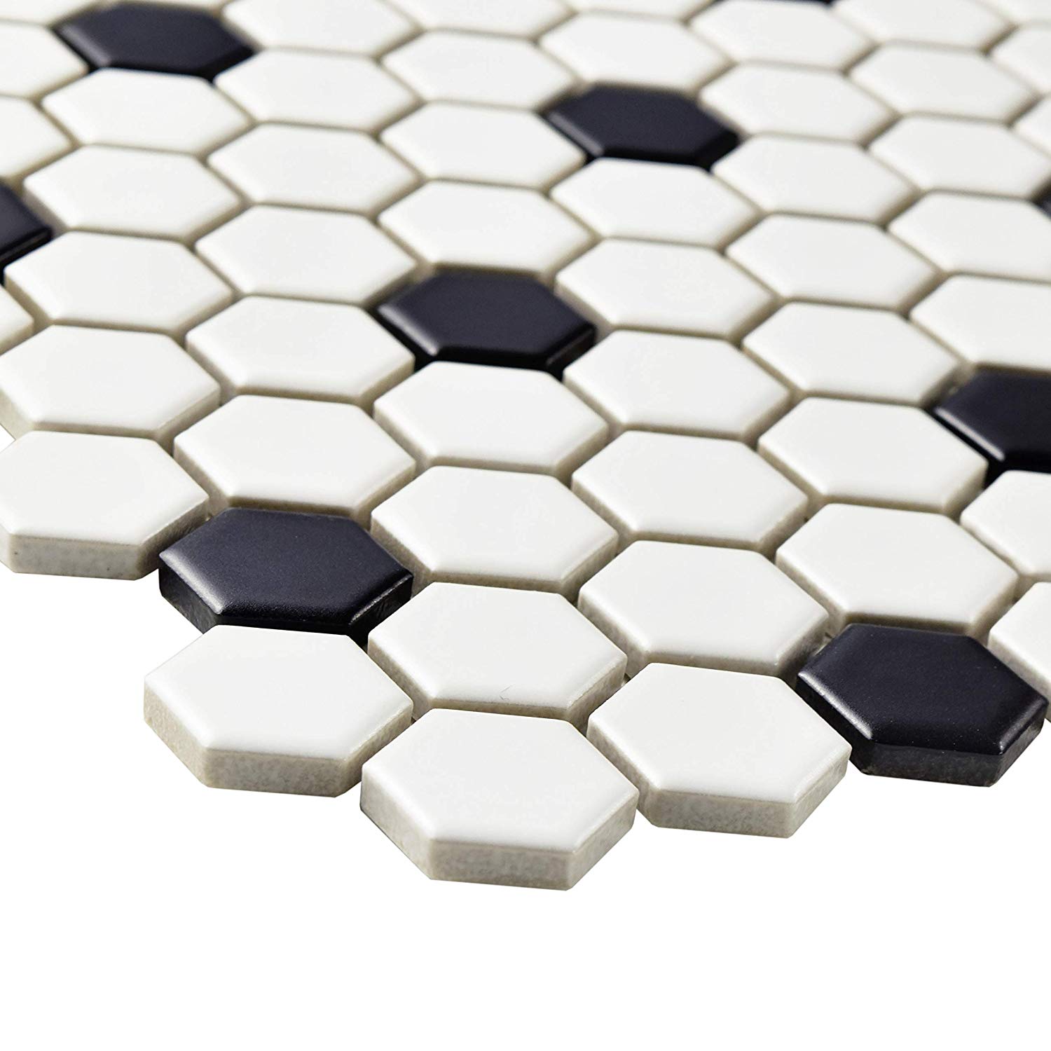 Retro Hex Porcelain Floor and Wall Tile, 10.25" x 11.75", Matte White with Black Dot