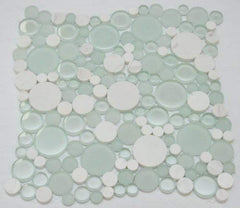 Mint Green and Snow Dove Bubbles Mosaic Frosted Polished Glass Wall Tile with White Marble  10.5" X10.5" for Bathroom Shower, Kitchen Backsplash, Accent Decor