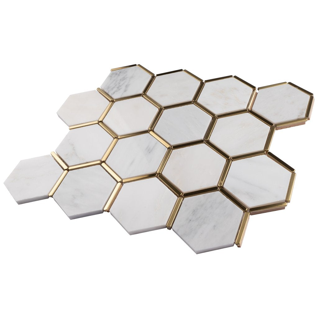 Tenedos Carrara White Marble 3 inch Hexagon Mosaic Tile with Gold Metal Stainless Steel Polished for Kitchen Backsplash Bathroom Flooring Shower Entryway Corrido Spa (10 Sheets)