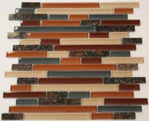 Random Brick Pattern Glass Tile & Granite Tile; Color: Burgundy, Orange, Gray & Biege Glass Tile with Tan Brown Granite