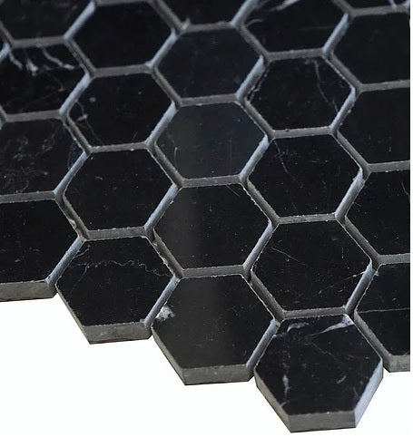 Nero Marquina Black Marble Hexagon Mosaic Floor Wall Tile 1 inch Polished