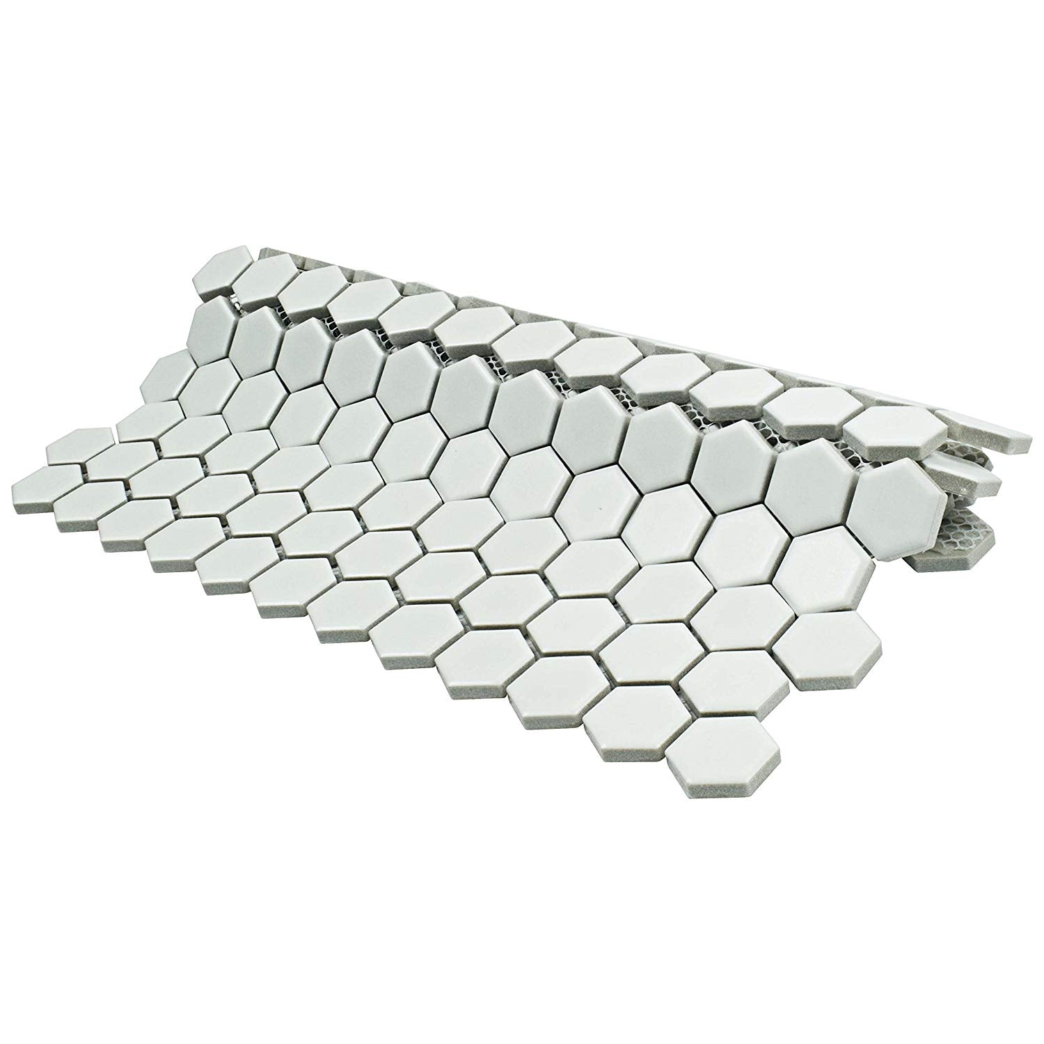 White 1" Hexagon Porcelain Mosaic Floor and Wall Tile on mesh Sheet for Kitchen Backsplash, Bathroom, Accent Wall