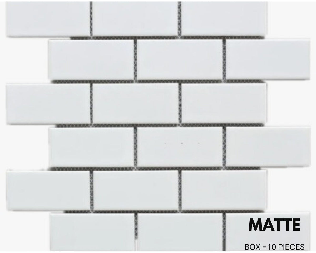 White Tile Ceramic Subway Brick  2" X 4" Matte - Wall Tile, Backsplash Tile, Bathroom Tile on 12x12 Mesh for Easy Installation