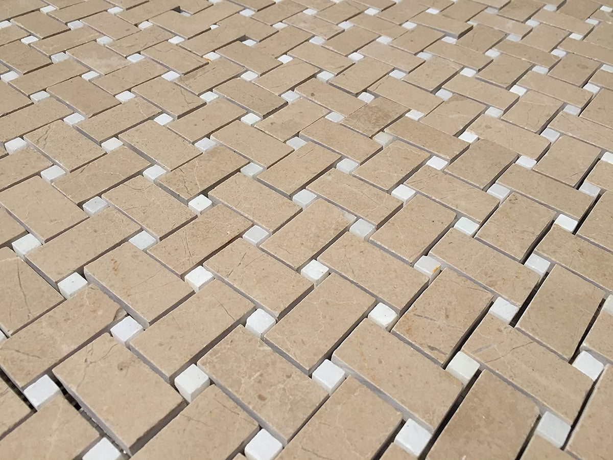 Royal Crema Verona Beige Marble Basketweave Tile with White Marble Dot Polished