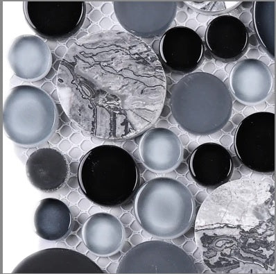 Tenedos Midnight Bardiglio Gey Black Bubble Random Round Marble and Glass Mosaic Wall Tile for Kitchen Backsplash, Bathroom Shower, Accent Decor