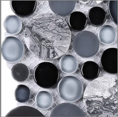 Tenedos Midnight Bardiglio Gey Black Bubble Random Round Marble and Glass Mosaic Wall Tile for Kitchen Backsplash, Bathroom Shower, Accent Decor