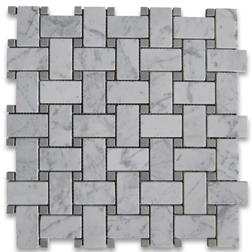 Carrara Marble Italian White Bianco Carrera Basketweave Mosaic Tile with Bardiglio Gray Dots Polished