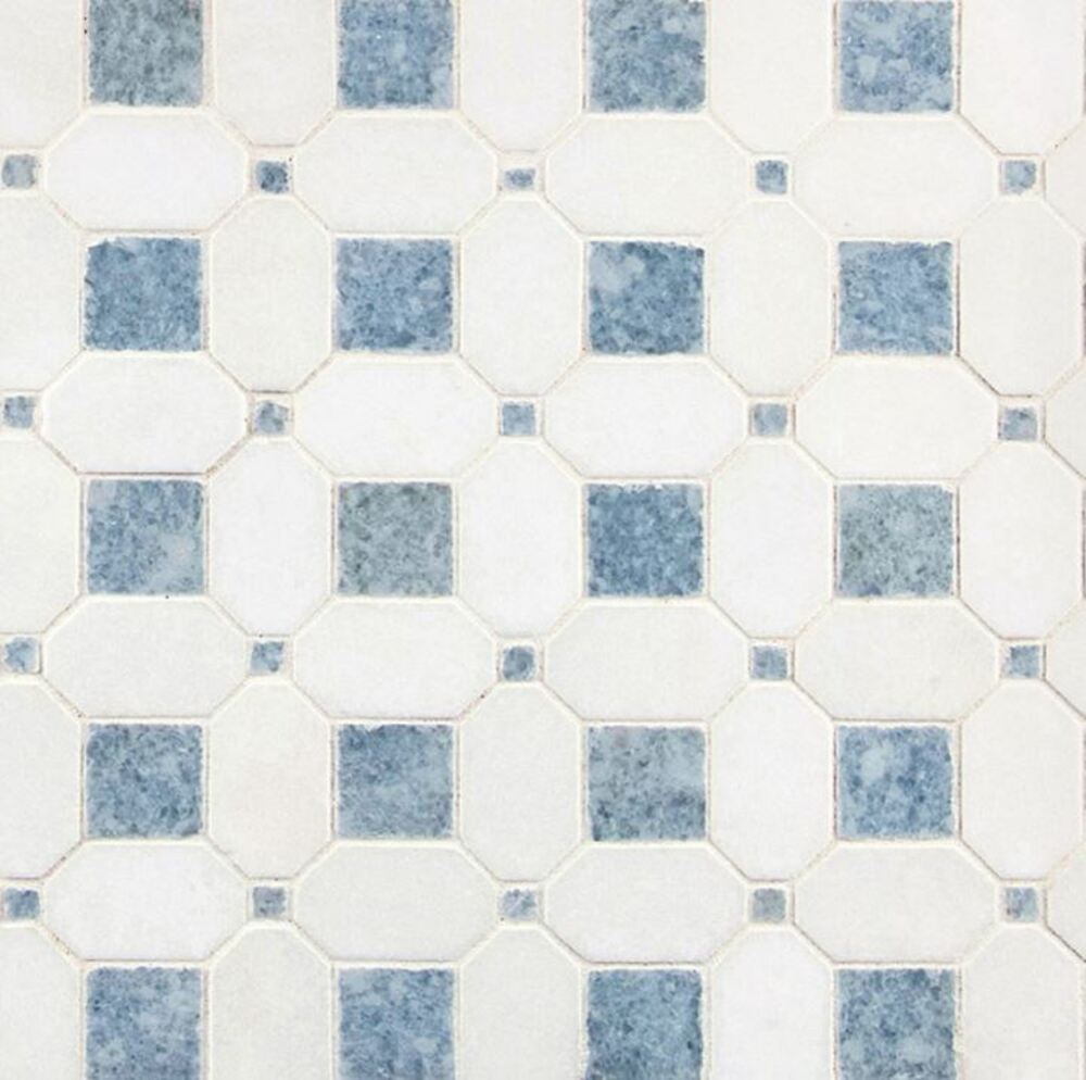 Florence White Elongated Hexagon with Bluish Square Geometric Marble Mosaic Floor and Wall Tile for Bathroom Walls, Kitchen Backsplashes, Accent Wall, Fireplace Surround