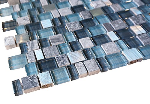 Glossy Blue and Blue Stone Random Brick Cubes Pattern Glass Mosaic Tiles for Bathroom and Kitchen Walls Kitchen Backsplashes (Tenedos)