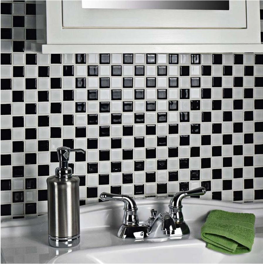 Square Checkered Tile Black & White Porcelain Mosaic Shiny Look 1-1/8" X 1-1/8"