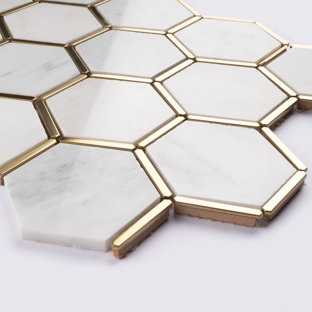 Tenedos Carrara White Marble 3 inch Hexagon Mosaic Tile with Gold Metal Stainless Steel Polished for Kitchen Backsplash Bathroom Flooring Shower Entryway Corrido Spa (10 Sheets)