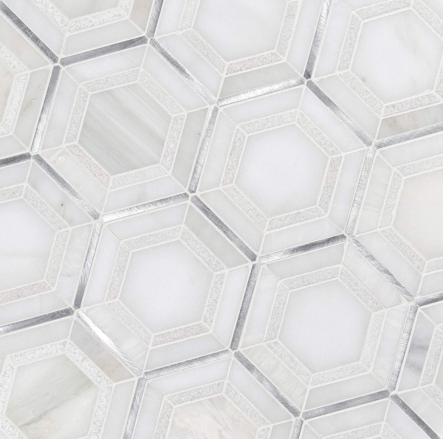 MS International Medici Silver Pattern 12.44 in. x 10.83 in. Marble Mesh-Mounted Mosaic Wall Tile for Bathroom, Floor Tile, Kitchen Backsplash and Countertop Tile, Gray, White, Silver
