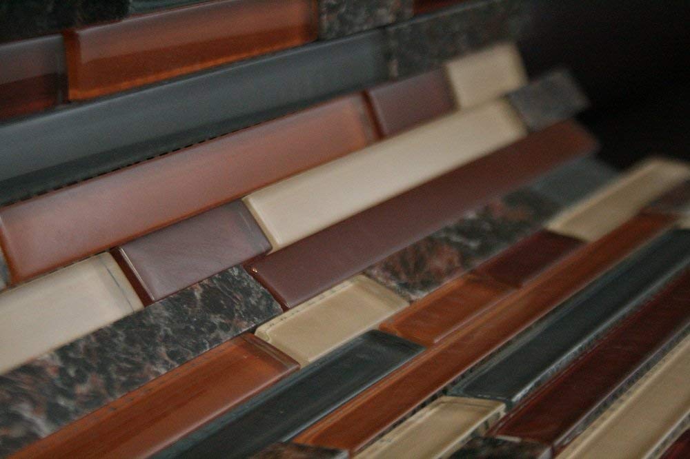 Random Brick Pattern Glass Tile & Granite Tile; Color: Burgundy, Orange, Gray & Biege Glass Tile with Tan Brown Granite