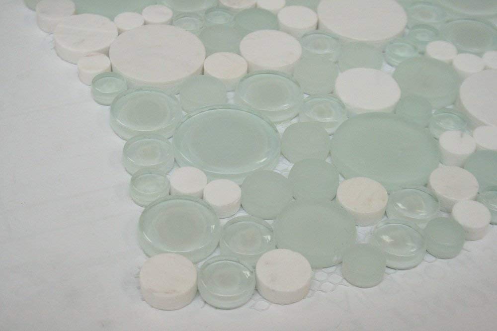 Mint Green and Snow Dove Bubbles Mosaic Frosted Polished Glass Wall Tile with White Marble  10.5" X10.5" for Bathroom Shower, Kitchen Backsplash, Accent Decor