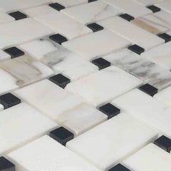 Calacatta Gold Italian Marble Basketweave Mosaic Floor Wall Tile with Black Dots for Bathroom Shower, Kitchen Backsplashes, Fireplace