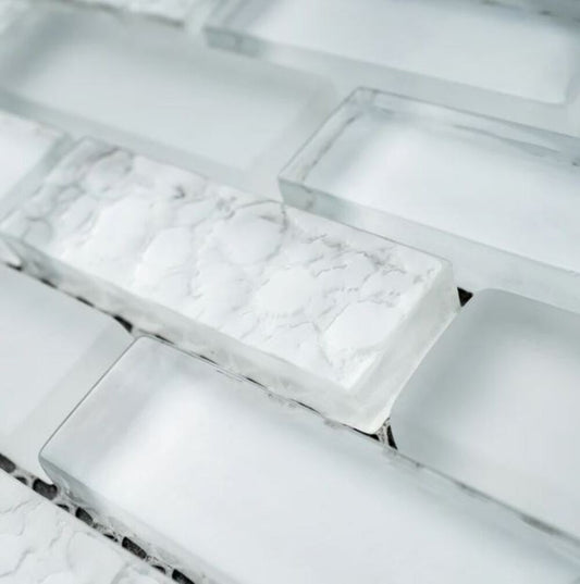 1/2x2 Brick Pattern Glass Wall Tile; Color: White Glass Tile & White Marble Wall Tile