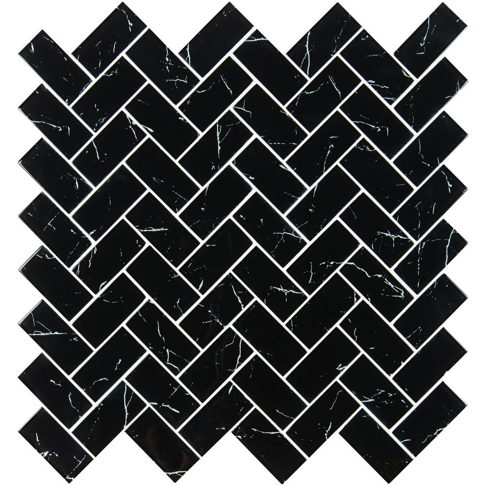 MSI Nero Marquina Herringbone Glass Mesh-Mounted Mosaic Wall Tile