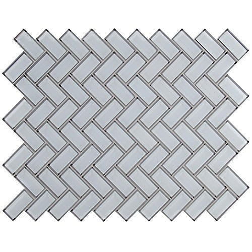 White Glass Mirror Beveled Herringbone 2'' x 4'' Tile Kitchen Backsplash Idea Bath Shower Wall Mosaics