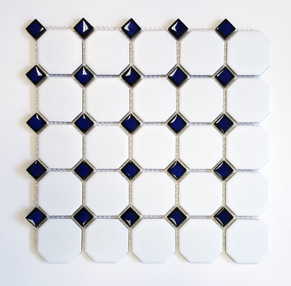 Octagon Porcelain Mosaic Wall Floor Tile Matte White with Glossy Cobalt Blue Dots Designed in Italy (12x12)