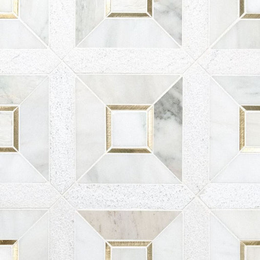 Veneto White with Yellow Gold Marble Stone Multi Surface and Metal Wall Mosaic Tile for Bathroom Walls, Kitchen Backsplashes, Accent Wall, Fireplace Surround