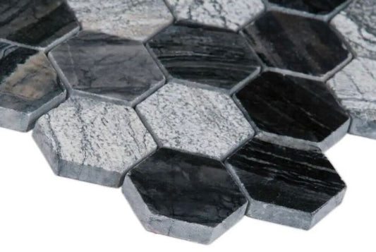 2 in. Hexagon Black Blend with Multi Greyish Textured Marble Mosaic Floor and Wall Tile for Kitchen Backsplash, Shower, Bathroom, Accent Wall, Fireplace Surround