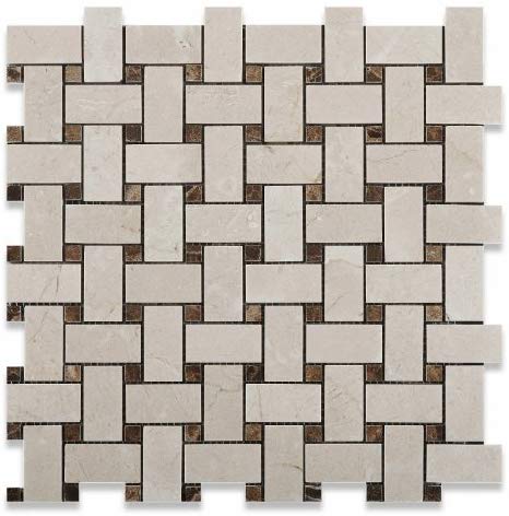 Crema Marfil Polished Marble Basketweave with Dark Emperador Dots